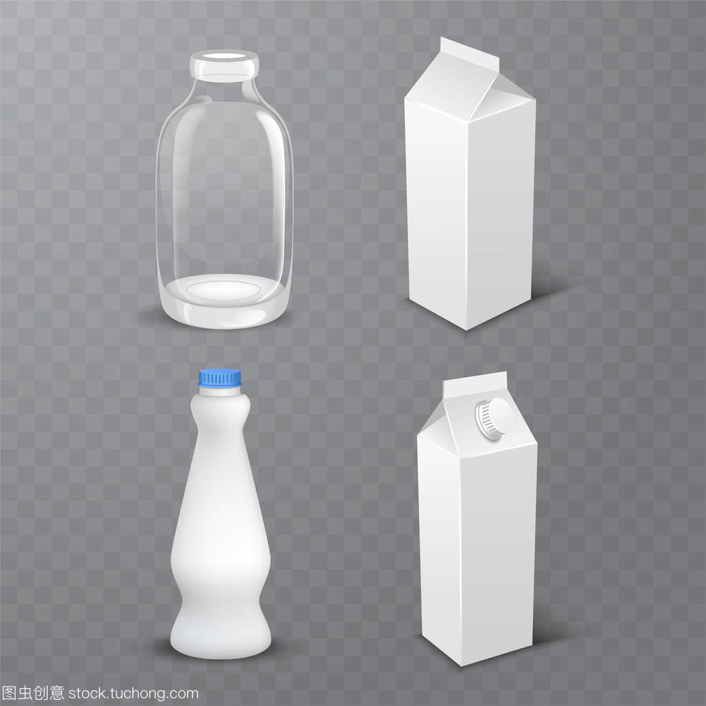 一套白色空白现实乳制品包装, 包括塑料瓶和纸箱包隔离矢量插图